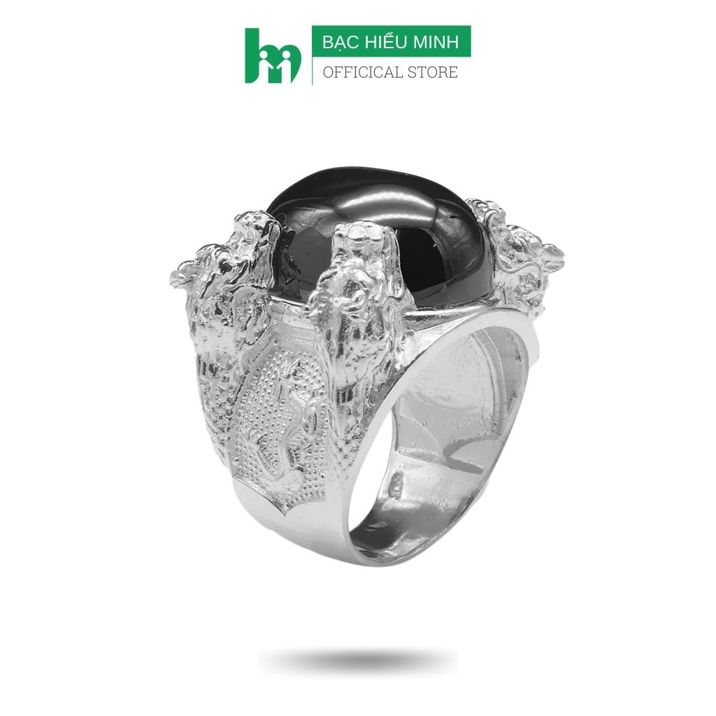 Nhẫn Nam Bạc Hiểu Minh NA545 Tứ Long Ôm Ngọc Đen Bảo Hành Vĩnh Viễn