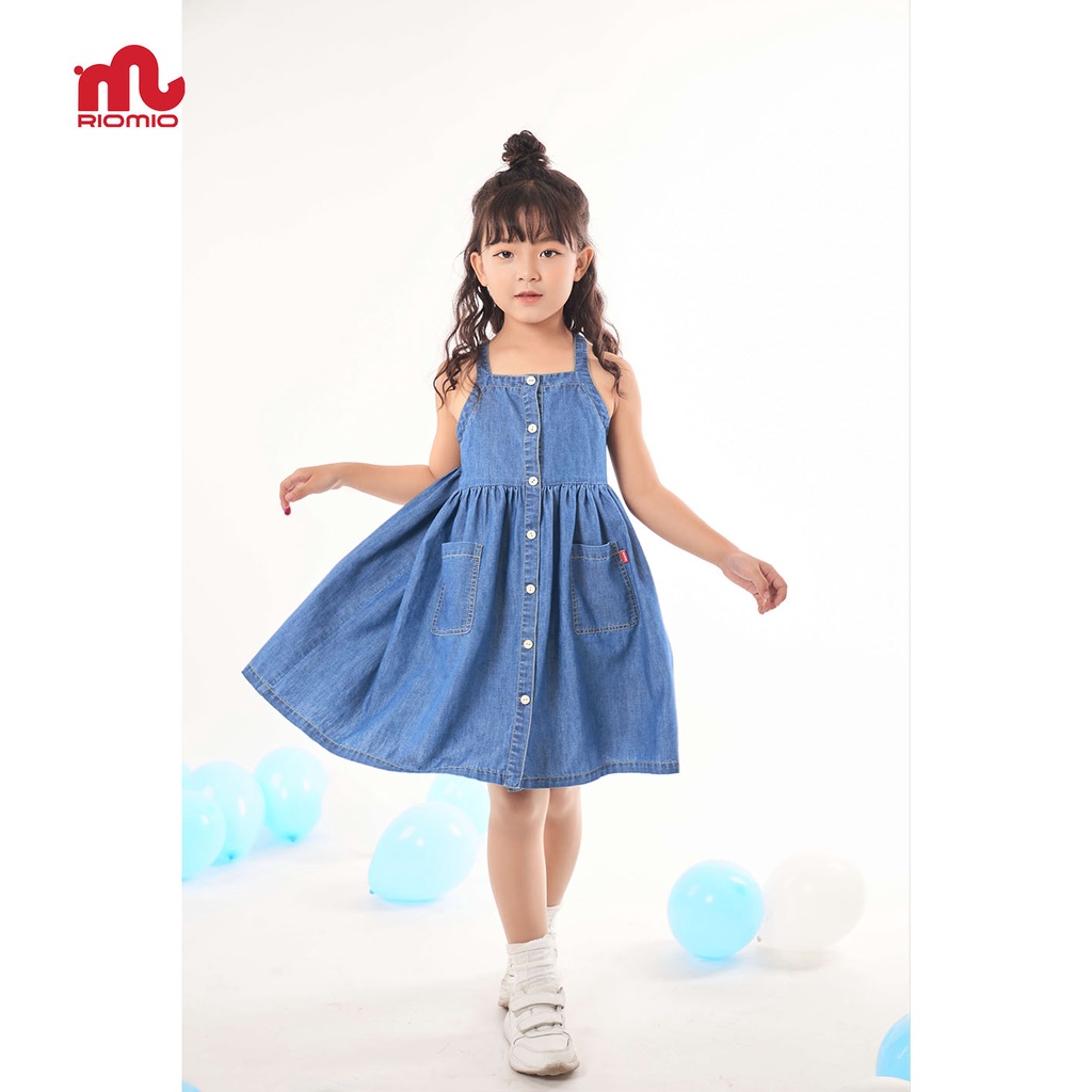 Váy jean bé gái 2 dây dáng suông RIOMIO 100% cotton USA cao cấp 3,4,5,6,7,8,9,10,11 tuổi đầmcho bé - RO215