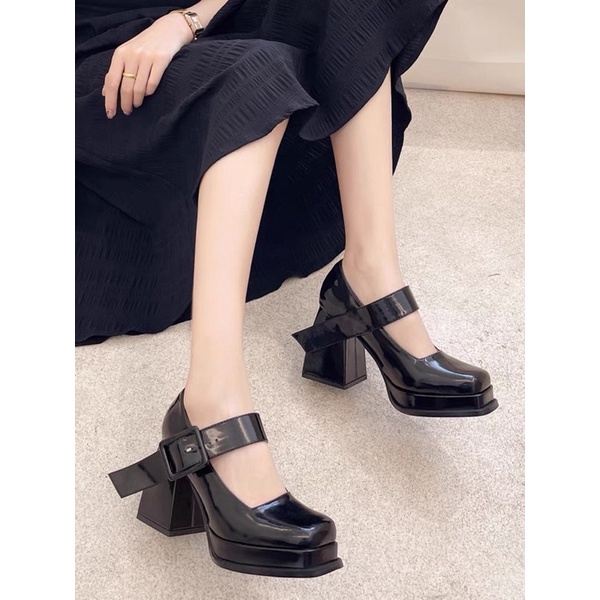(HÀNG CÓ SẴN) Giày cao gót da bóng 9cm mũi vuông quai gài bản to BIG SIZE 41-43