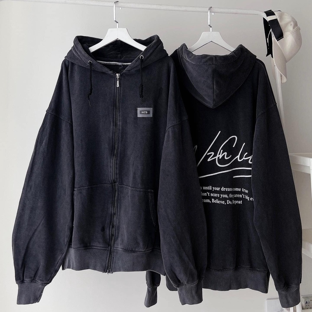 [sẵn]Áo khoác tay dài form rộng in chữ WZS vải wax lót bông (ảnh thật tại shop) Tanazi closet