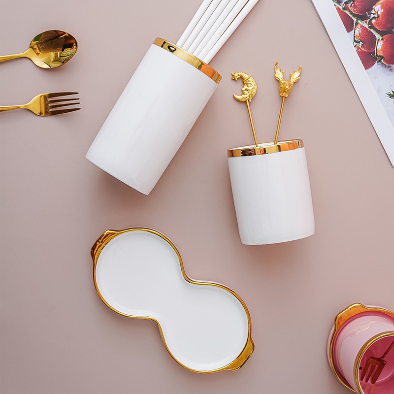 Ống Đựng Đũa - Giá Kệ Đồ Để Đũa,thìa,muỗng - Hũ Đựng Dao Kéo Bằng Sứ Viền Vàng Cao Cấp Phong Cách Bắc Âu