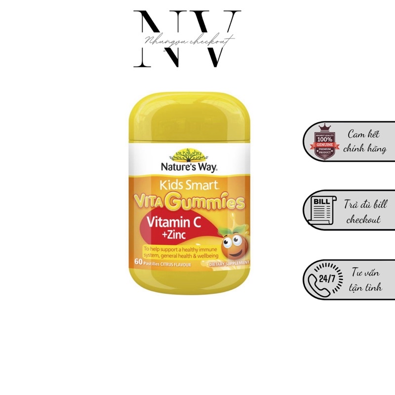 {Bill úc}Kẹo vitamin cho bé Nature's Way Kids Smart Vita Gummies Vitamin C + Kẽm 60 Pastilles