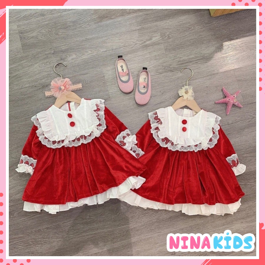 Váy công chúa cho bé gái thu đông 8-14kg - Thiết kế màu đỏ nhung phối ren trắng
