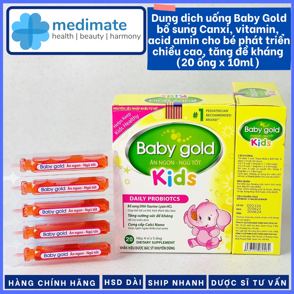 Dung dịch uống Baby Gold Ăn Ngon Ngủ Tốt bổ sung Canxi, Vitamin cho bé phát triển chiều cao, tăng sức đề kháng (20 ống)