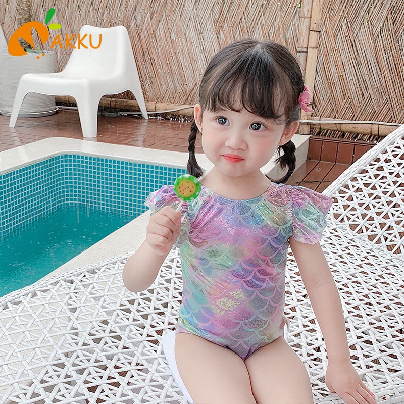 Áo tắm cho bé gái Thiết kế Hàn Quốc dễ thương cung tiên cá mũ băng đô cầu vồng Bộ đồ bơi Quần áo trẻ em Quần áo bơi AKKU