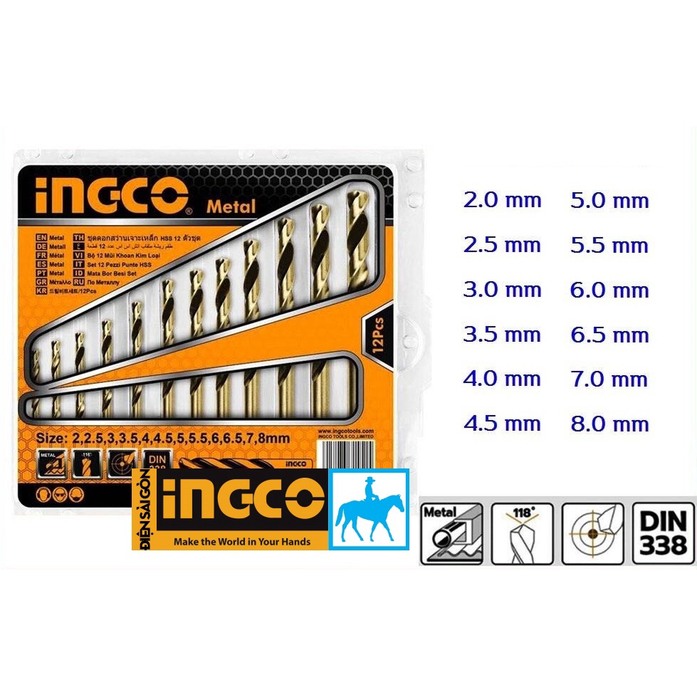 INGCO Bộ 12 mũi khoan kim loại 2-8mm HSS AKDB1125