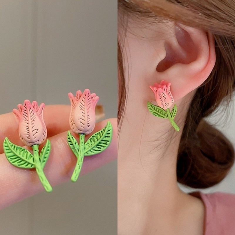 Bông Tai Mạ Bạc 925 Hình Hoa Tulip Ngọt Ngào Phong Cách Hàn Quốc Cho Nữ