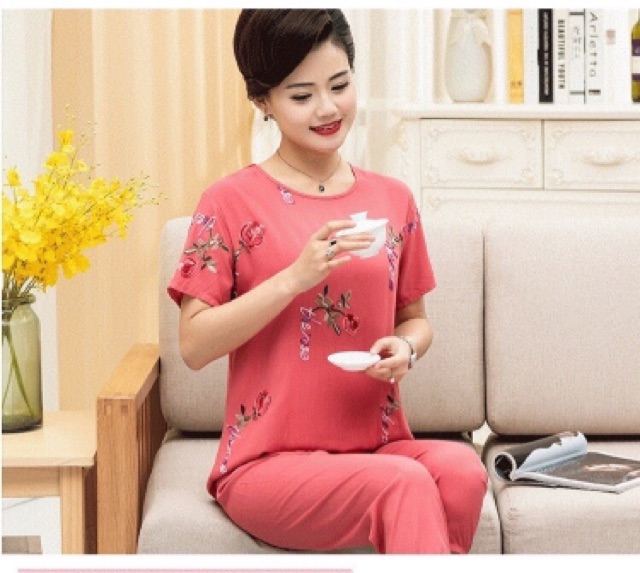 Bộ lanh thêu hoa trung niên cực mát