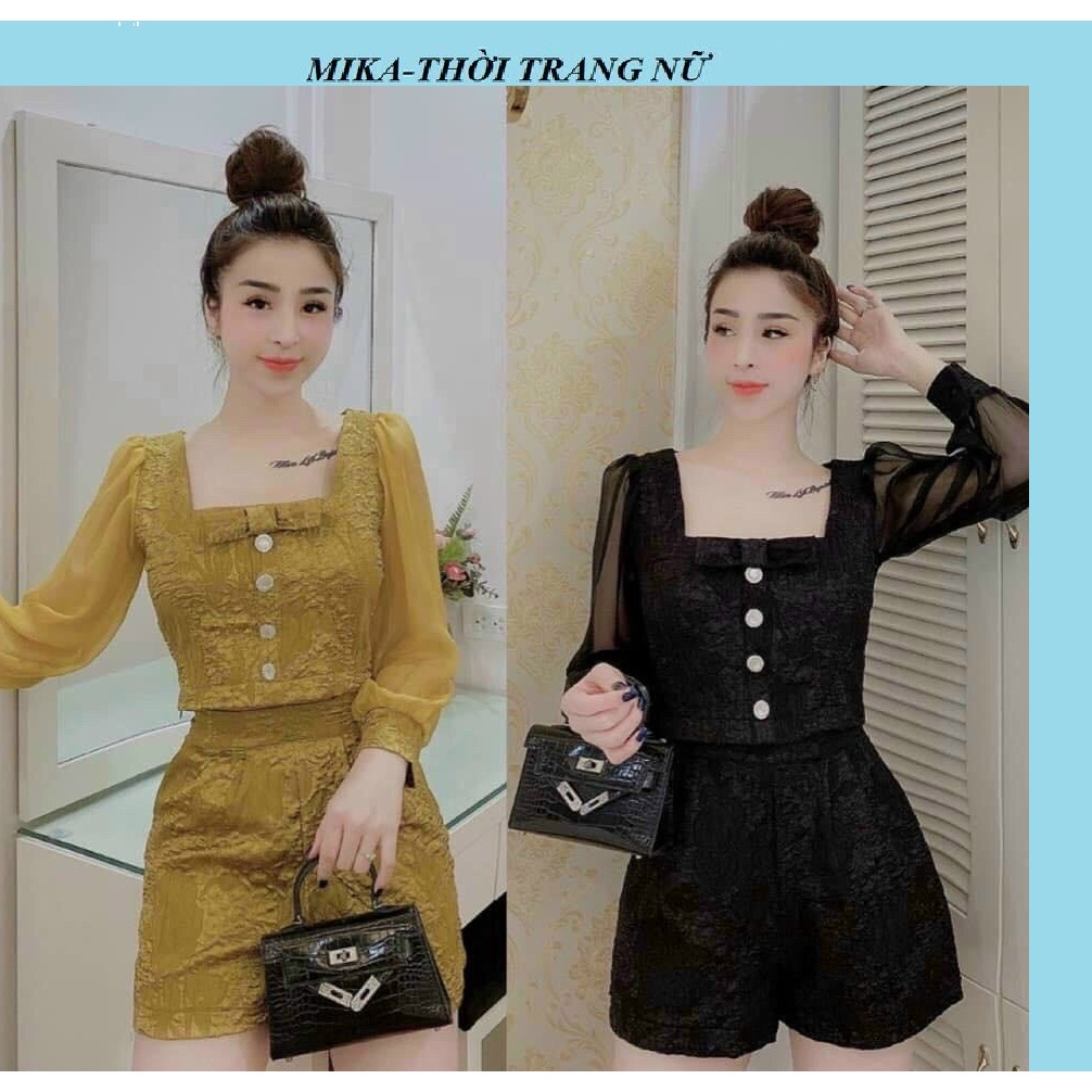 Sét Bộ gấm Đùi Đi Chơi Tay Dài Phối Voan Kiếng Cài Nút Ngực Tôn Dáng Sang Trọng,Dễ Thương Dành Cho Các Nàng Dạo Phố