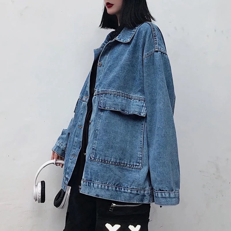 Áo khoác jean nữ màu xanh và đen dài tay phom rộng cổ sơ mi Unisex phong cách Ulzzang Hàn Quốc cá tính cho nam chất đẹp
