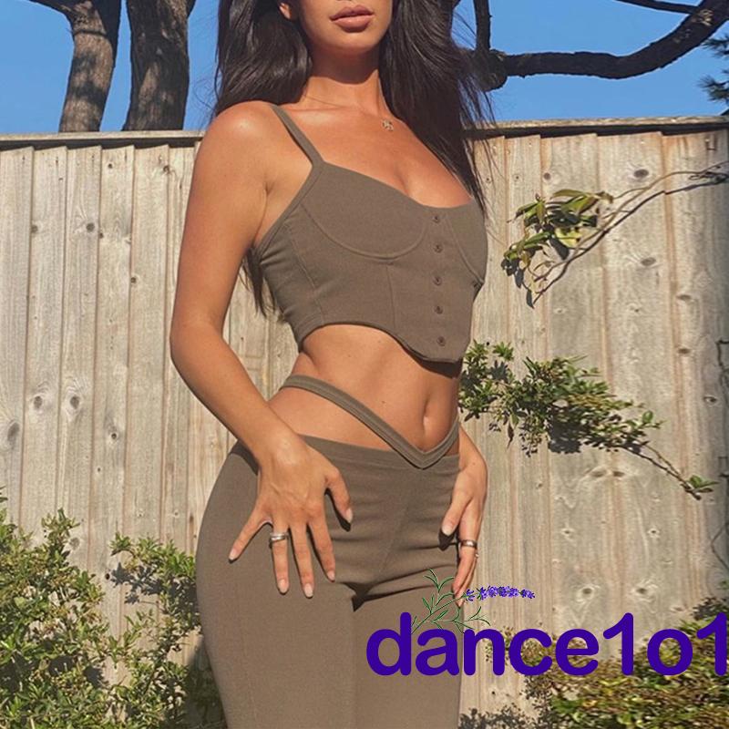 ☌KK✭Women Tanks Tops + Long Flared Pants, Hollow Waist Trim Skinny Fit Solid Color Summer Clothing
