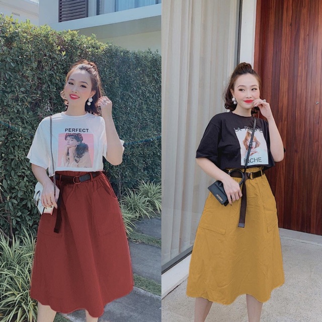 Set Áo croptop mix Chân váy dài (2 màu ảnh thật)