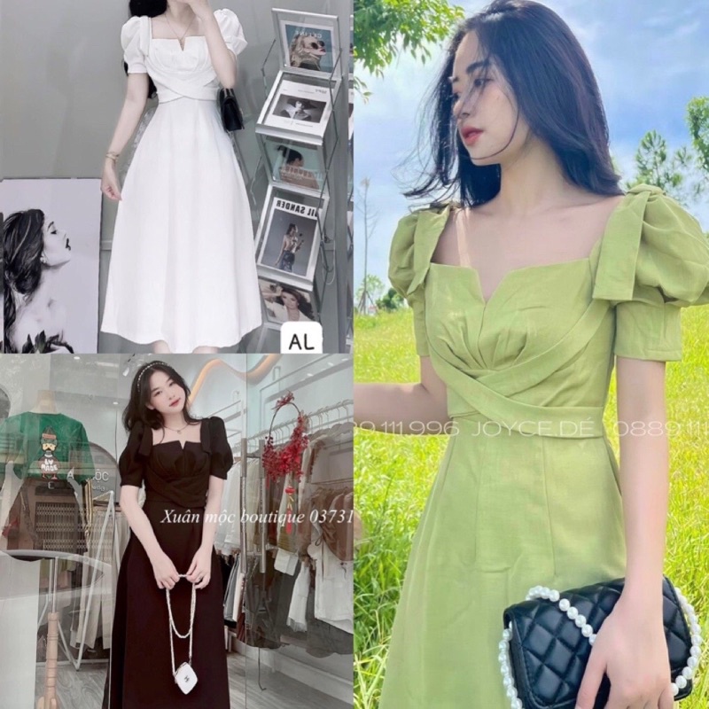 Váy xanh bơ vạt chéo ngực nơ vai đầm chéo vạt trắng vạt chéo đầm đen sm