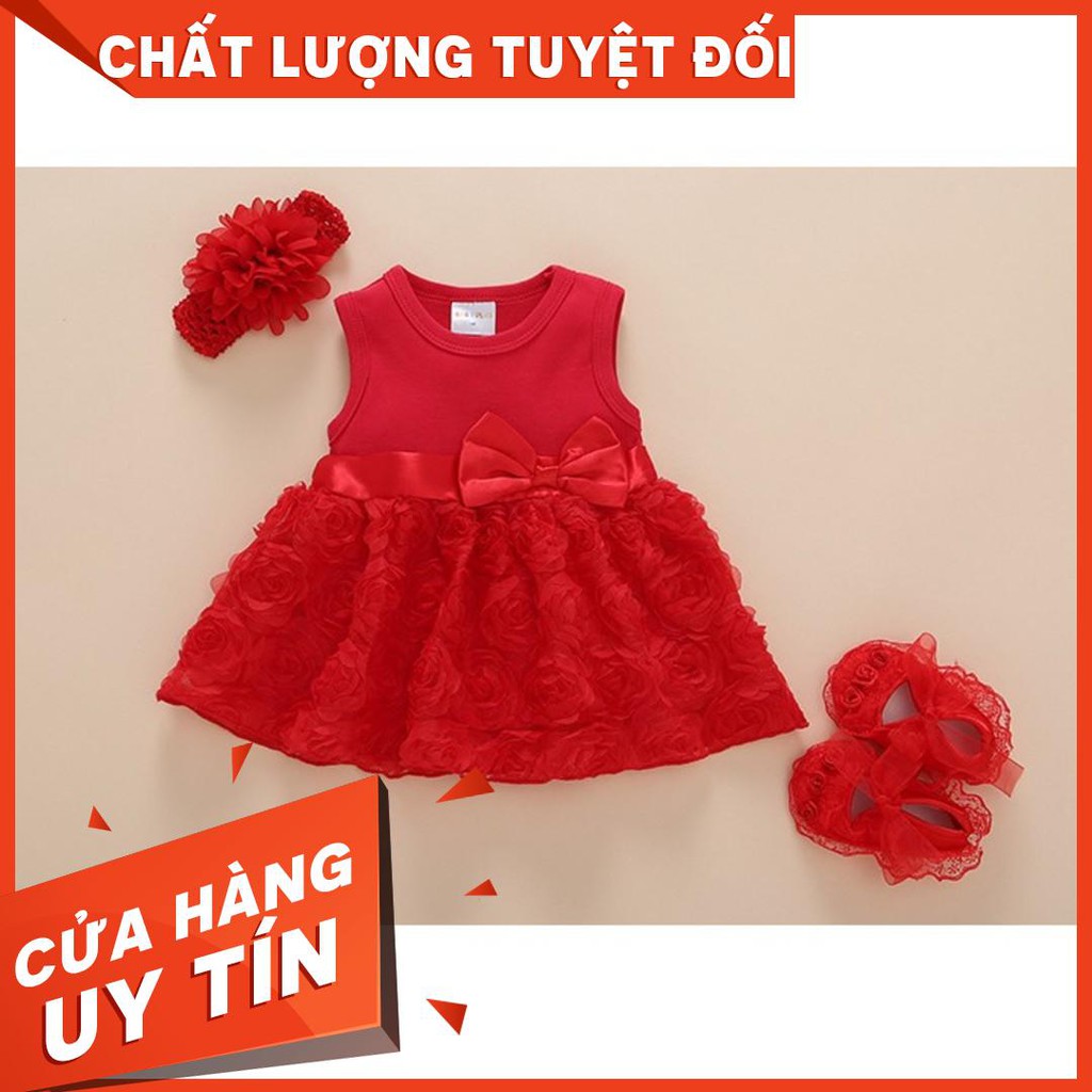 Đầm Đầy Tháng Thôi Nôi Cho Bé Gái Hoa Hồng Kết [ KÈM GIÀY VÀ BĂNG ĐÔ ] [ CỬA HÀNG UY TÍN ]