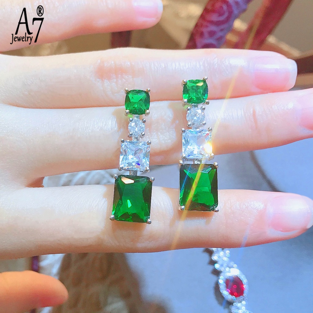 Bông Tai Đính Đá Zircon Màu Xanh A7 Dành Cho Nữ