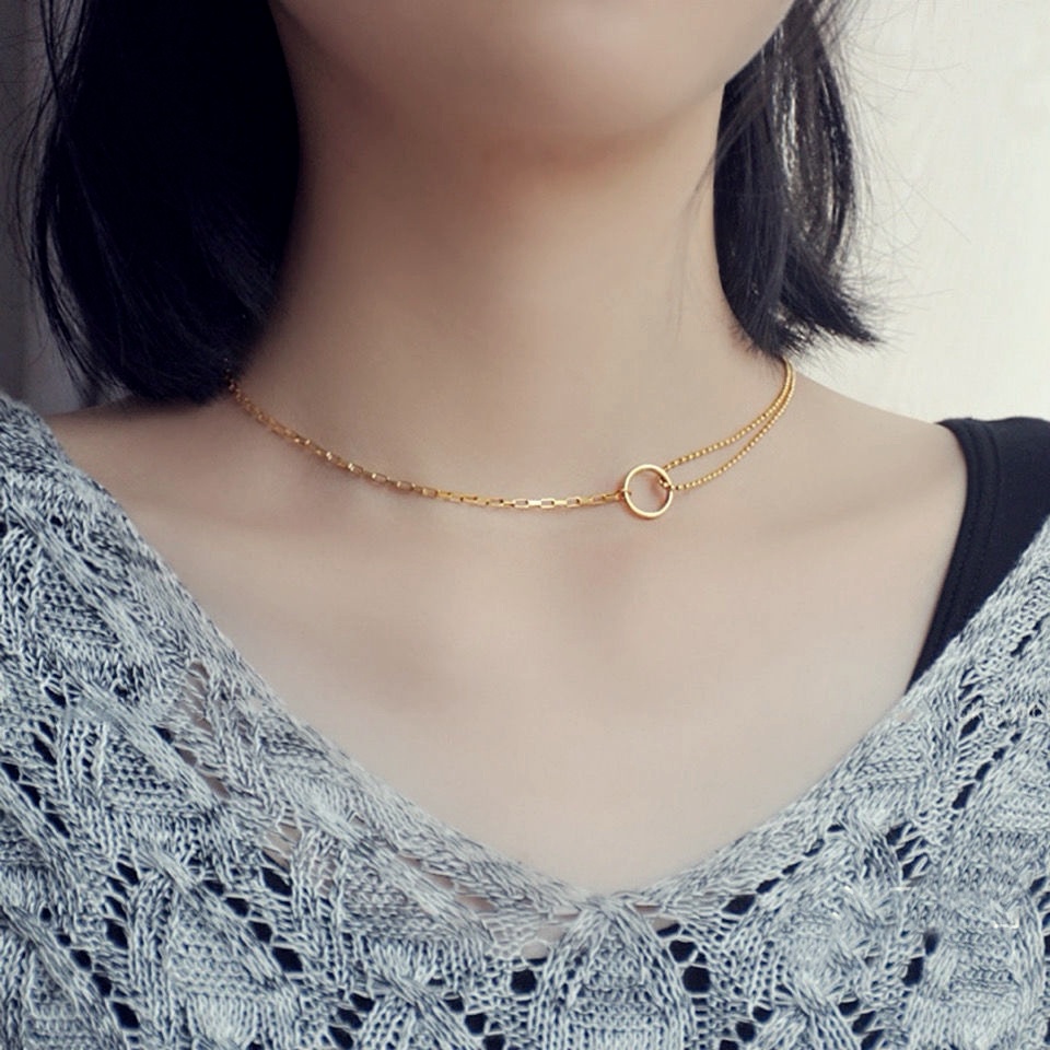 Dây chuyền titan nữ choker mặt tròn cá tính chất lượng không đen gỉ
