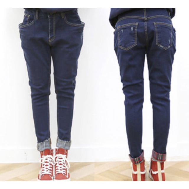 Quần jean baggy màu xanh đậm lai lật caro big size 3Xl 75-80kg