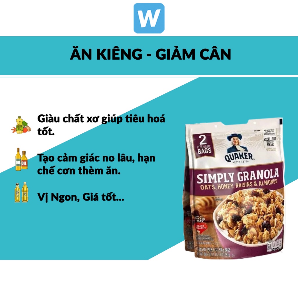 NGŨ CỐC GRANOLA ÔNG GIÀ QUAKER SIMPLY GRANOLA 973GR - Ngũ cốc ăn kiêng Mỹ, ăn liền thơm ngon