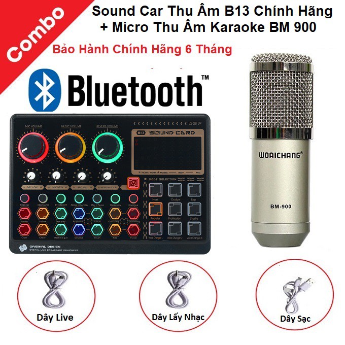 Bộ Sound Card Thu Âm B13 Và Mic BM 900 - Với 14 Hiệu Ứng Đặc Biệt - Kết Nối Bluetooth - Kèm Jack Kết Nối Livestream 2021