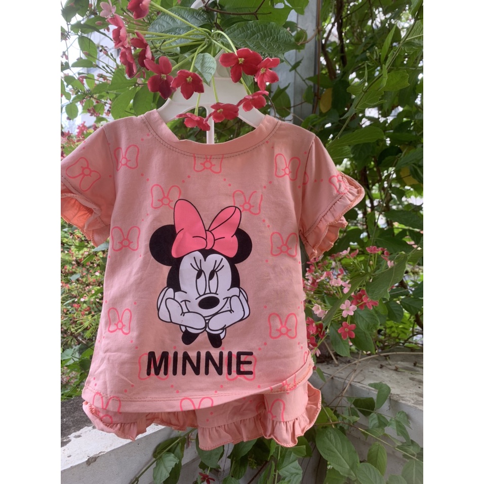 Bộ cộc tay Mickey nơ hồng chất Cotton cực đẹp cho bé gái