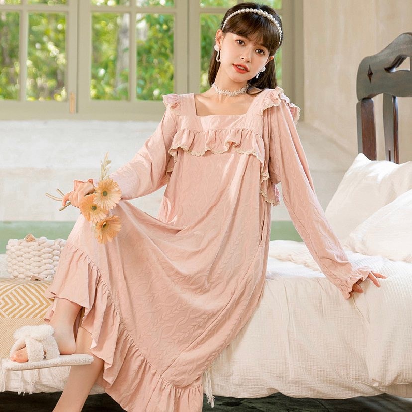 Váy Ngủ Cotton Dài Tay Hàng Mới Chất Liên Vân Sóng Nâng Cấp