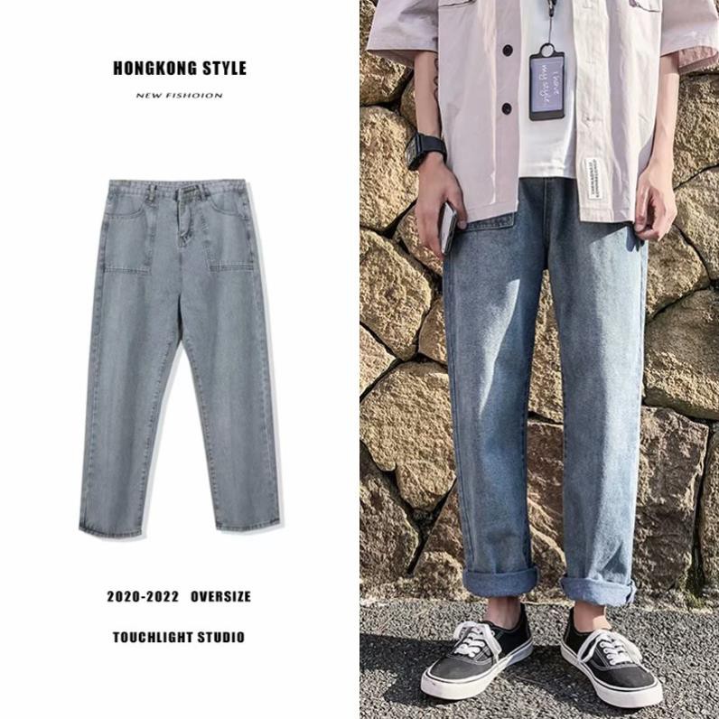 Quần jeans ống rộng thẳng chín tấc phong cách Hàn Quốc mùa hè hợp thời trang cho nam  ྆