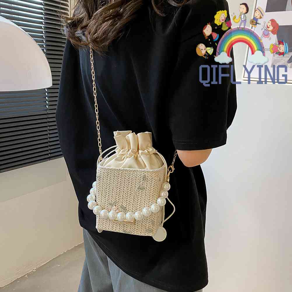 Túi Đeo Chéo Mini Dây Rút Đính Hoa Ngọc Trai Dành Cho Nữ