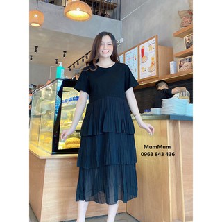 Đầm voan đen dập ly nhún tầng