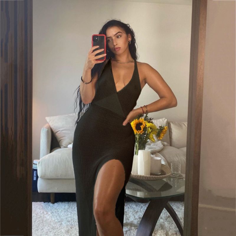 Đầm Len Xuyên Thấu Cover Up Bikini Cổ Xẻ Choàng Đồ Bơi Đi Biển