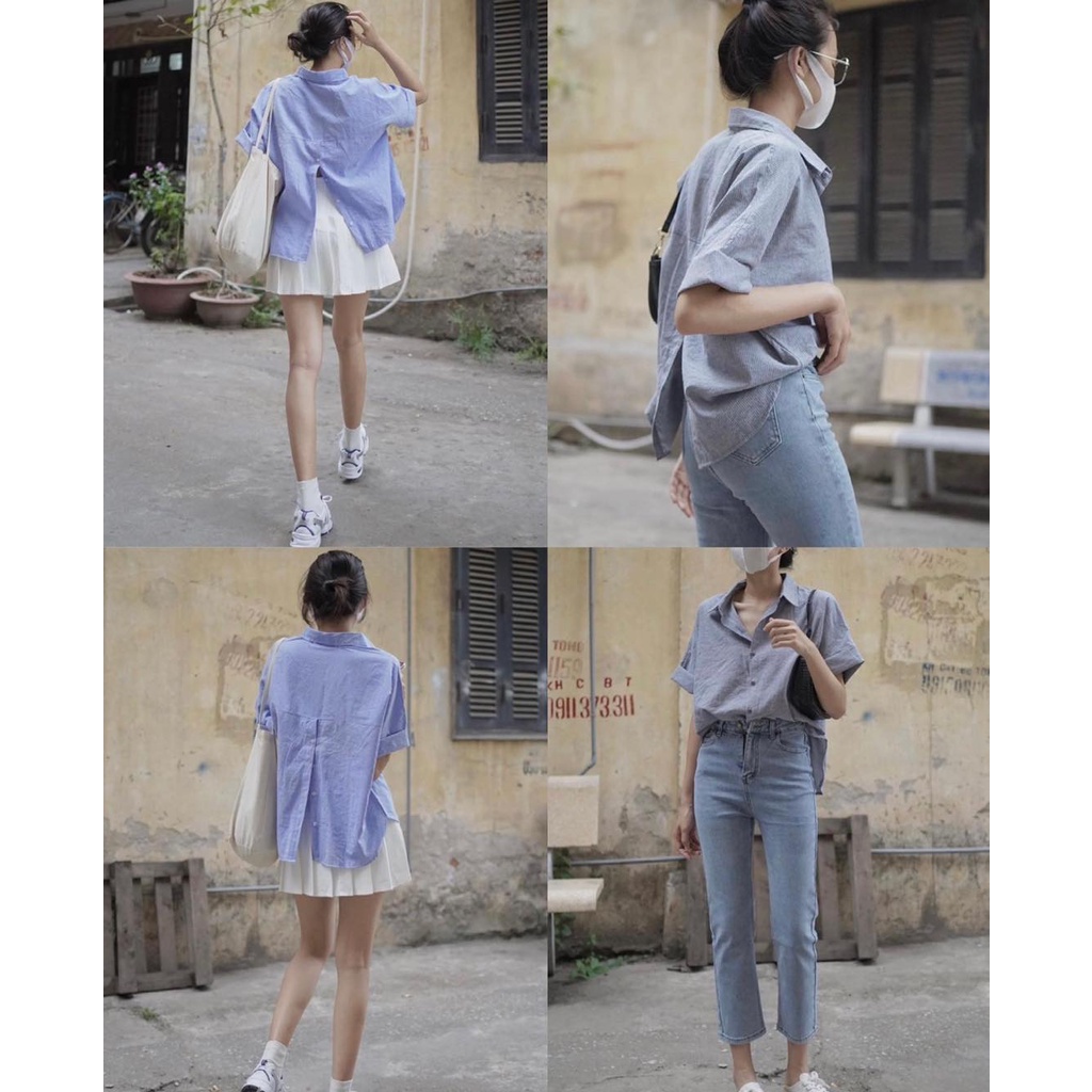 LOVI SHOP- ÁO SOMI KẺ NÚT SAU 2 MÀU TRẮNG/XANH