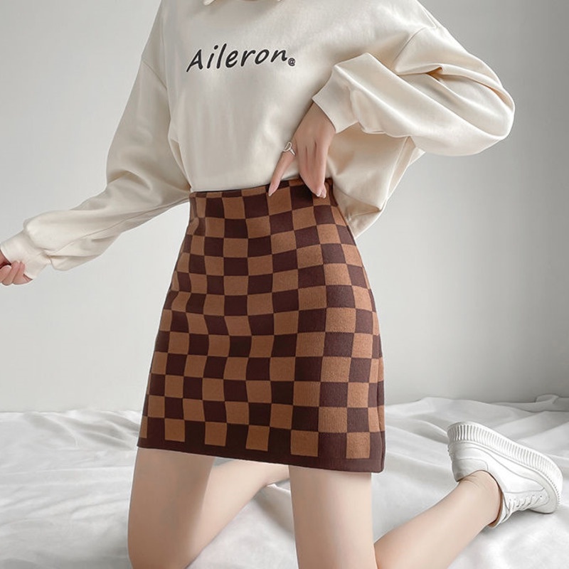 Chân Váy Chữ A Họa Tiết Caro Phong Cách Hàn Quốc Thời Trang Thu Đông 17E218