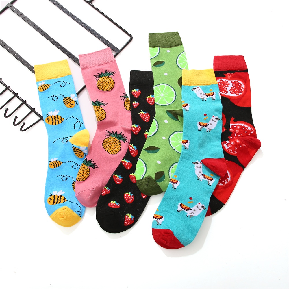 Bộ 2 Đôi Tất Dài Trung Bình Co Giãn In Hình Trái Cây Động Vật Nhiều Màu Sắc Cho Nữ