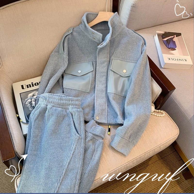 Bộ Đồ Thể Thao Áo Cardigan Dệt Kim Màu Xám Kèm Quần Dài Thời Trang Xuân Thu Cho Nữ