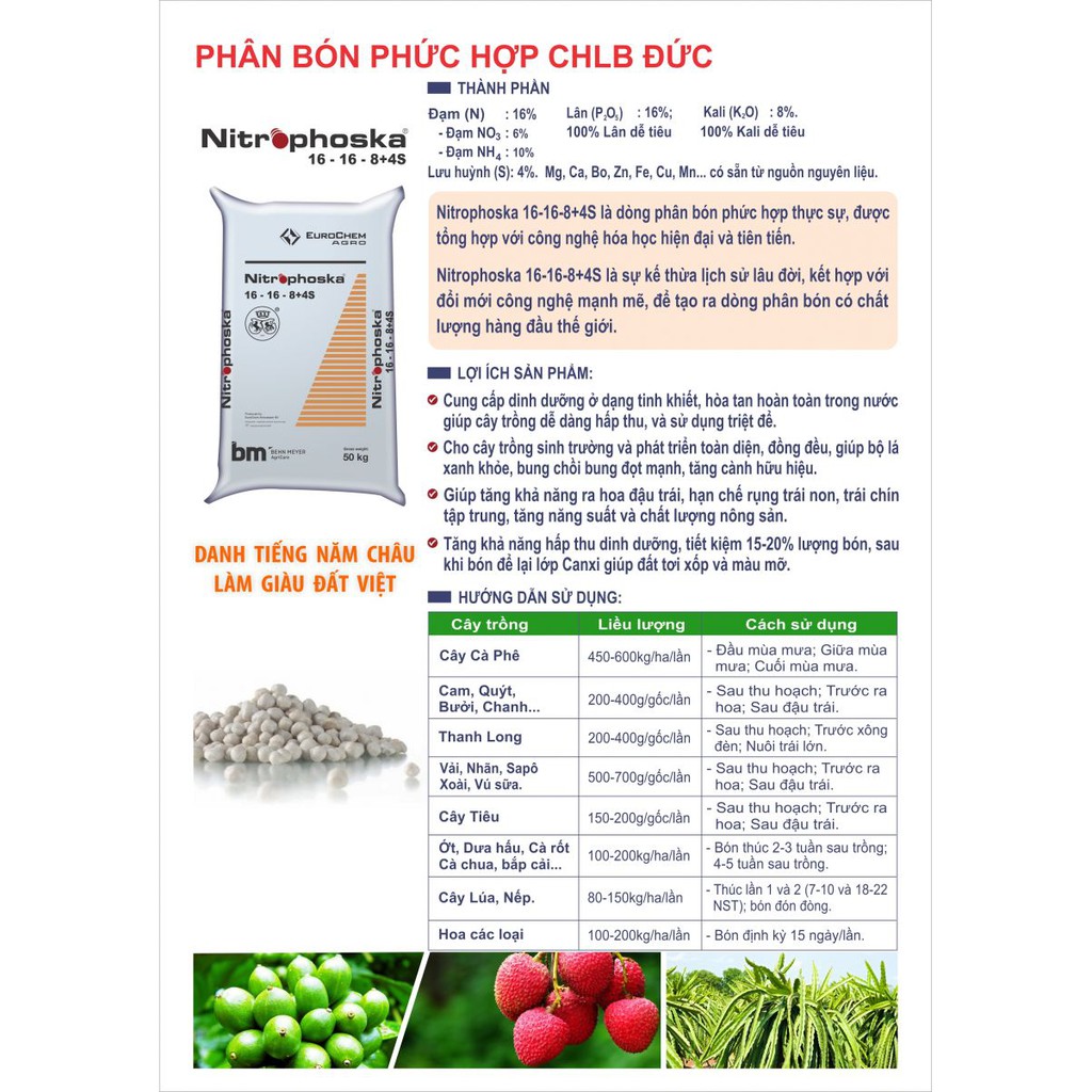 Phân bón NPK Nitrophoska 16-16-8+4S. Phân bón phức hợp sản xuất tại Châu Âu (1kg)