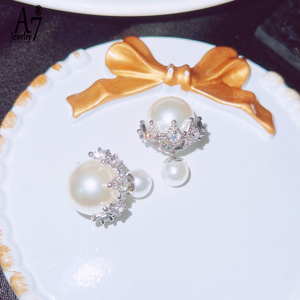 A7| Bông Tai Mạ Bạc 925 Đính Ngọc Trai Hai Mặt Sang Trọng Cho Nữ X4Y35