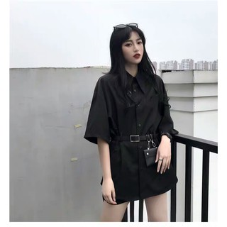 Đầm sơ mi đen thắt lưng kiểu