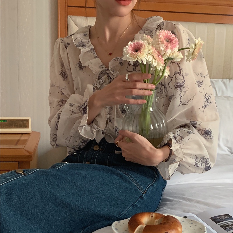 SUXI Áo Sơ Mi Chiffon Tay Dài Cổ Chữ V Họa Tiết Hoa Phong Cách Vintage Hàn Quốc