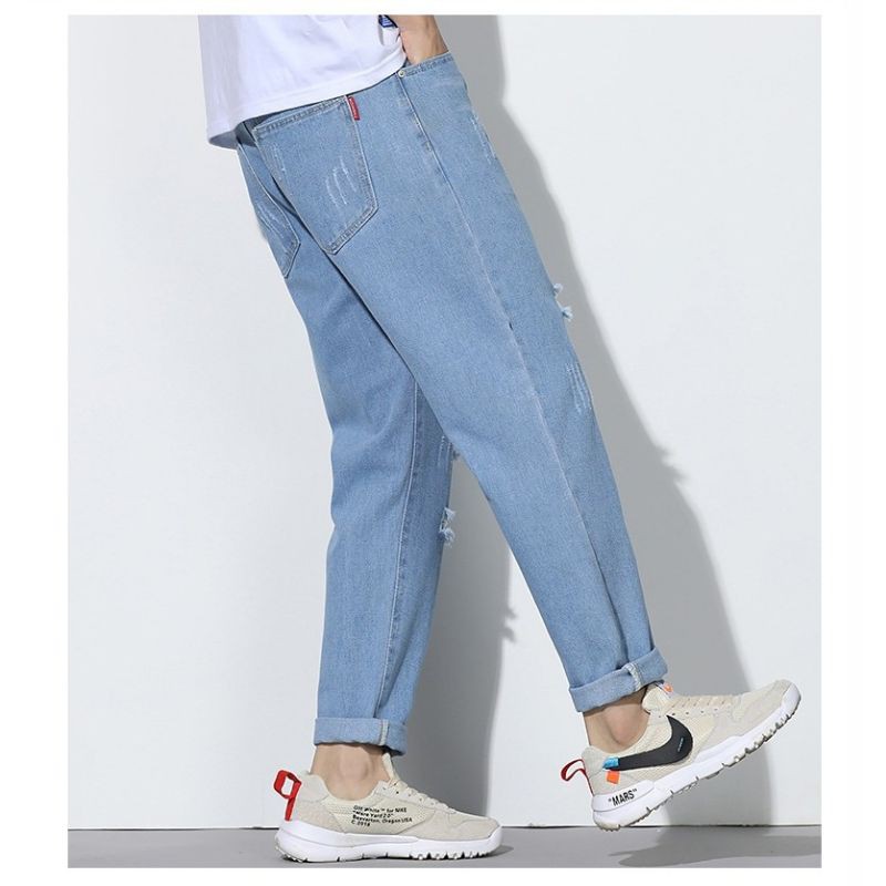 Quần jean rách nam nữ màu xanh baggy mặc hè | BigBuy360 - bigbuy360.vn