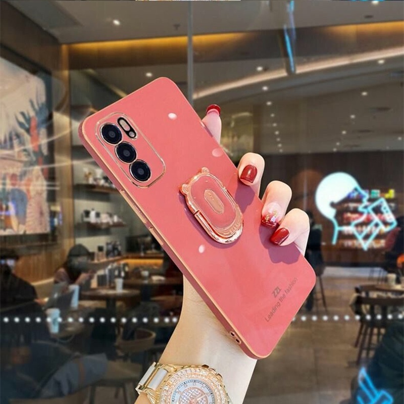 Ốp điện thoại viền dẻo mạ màu kèm giá đỡ hình chú gấu cho OPPO RENO6 RENO6 Z 5G RENO6 PRO 5G RENO6 5G