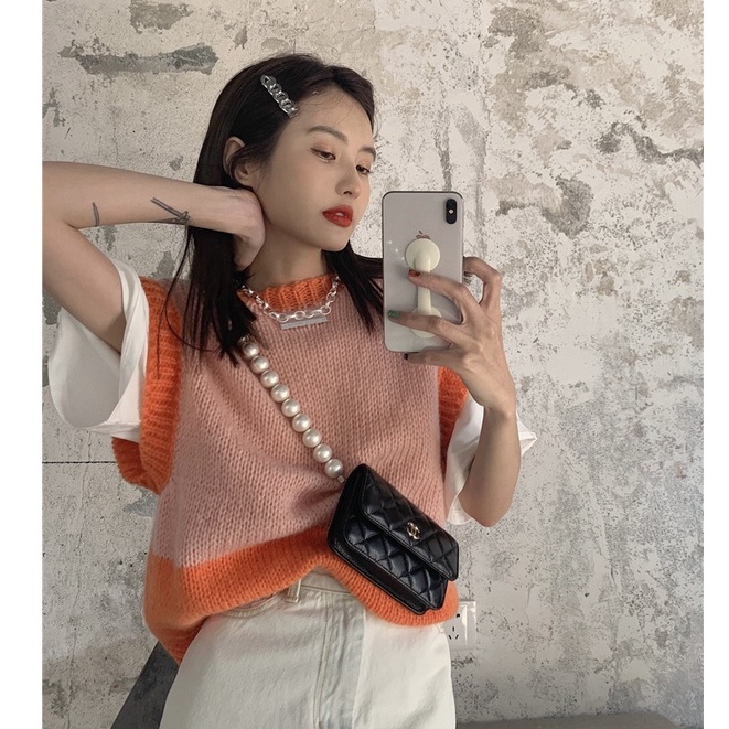 Áo croptop dệt kim sát nách dáng rộng kiểu vintage Hàn Quốc cá tính | BigBuy360 - bigbuy360.vn