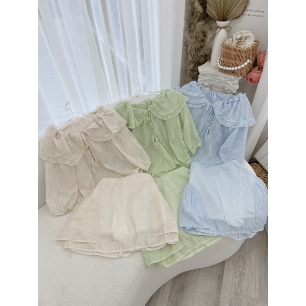 SET ÁO VOAN RỚT VAI TAY BO + CHÂN VÁY 3 MÀU