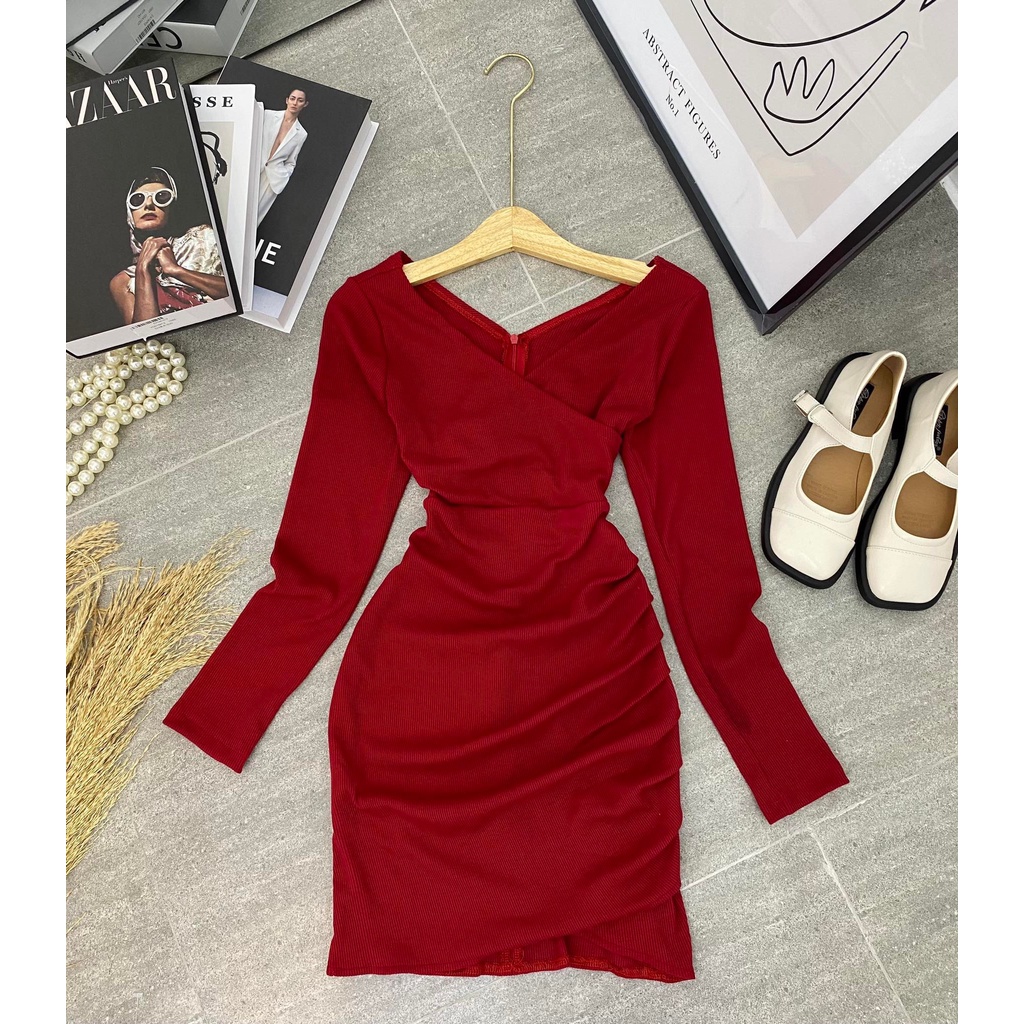 ĐẦM BODY ĐỎ CỔ ĐẮP CHÉO TAY DÀI