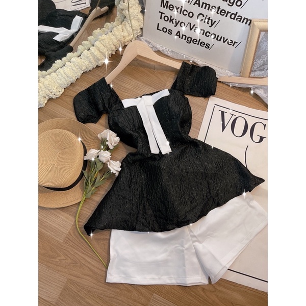 Set áo gấm đen nơ trắng kèm quần short VIBES