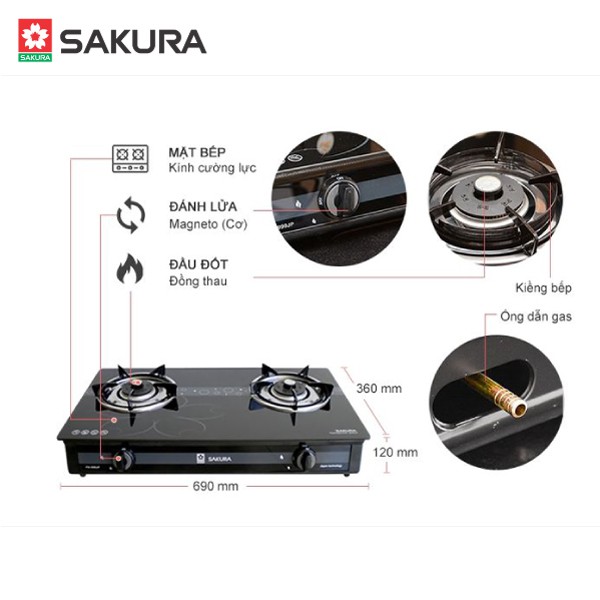 Bếp Gas SAKURA PA-999JP - Mặt Kính Cường Lực, Chịu Nhiệt Tốt - Bảo Hành Chính Hãng 24 Tháng