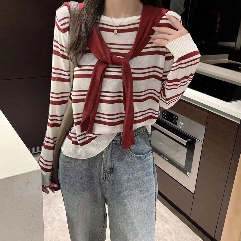 Áo kiểu SUXI dáng mỏng cổ tròn tay dài kẻ sọc kiểu Hàn Quốc xinh xắn cho nữ