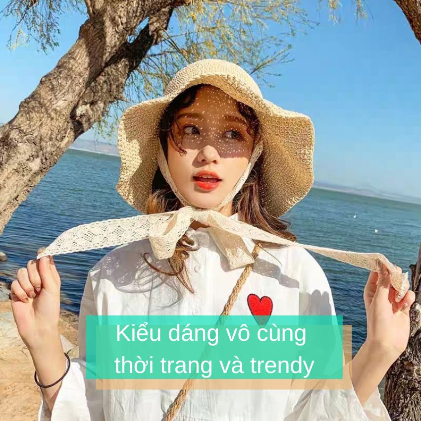 Mũ cói mềm dây ren buộc cổ phong cách tiểu thư