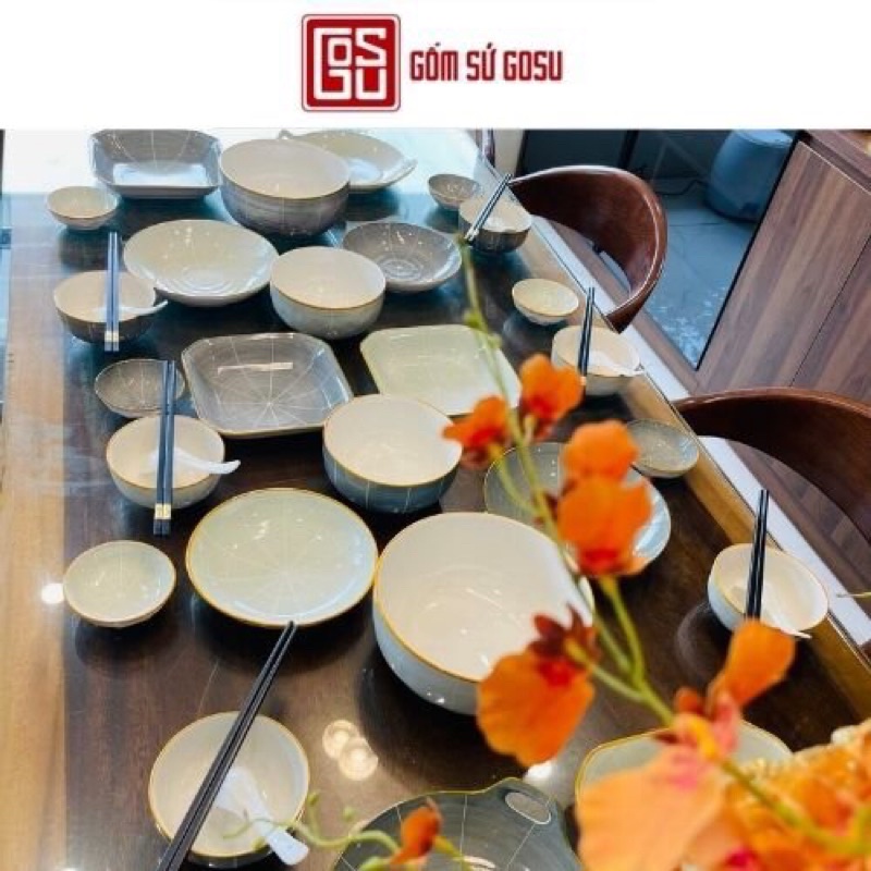 Bộ Bát Đĩa xám mint Cao Cấp Gosu Phong Cách Nhật Bản Men Ngọc Sáng Đẹp
