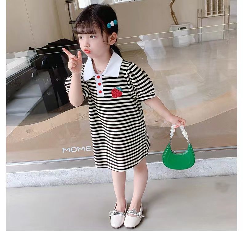 Đầm Thun Ngắn Tay Dáng Rộng Họa Tiết Kẻ Sọc Xinh Xắn Cho Bé Gái