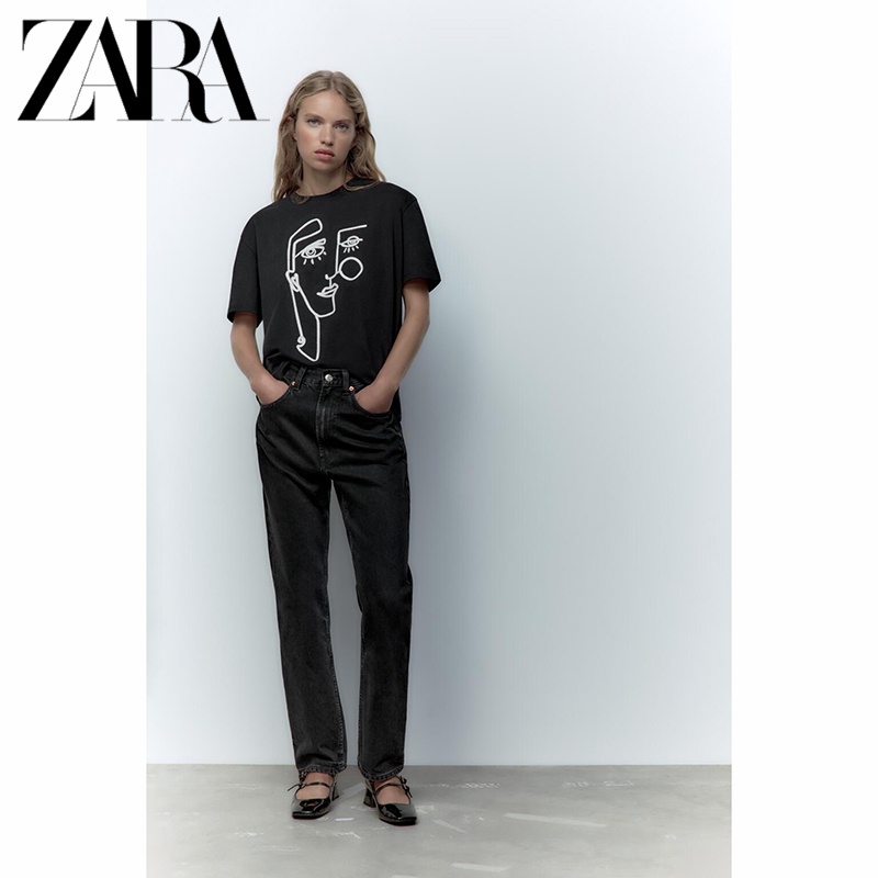 Zara Áo Thun Tay Ngắn Cổ Tròn Thêu Hình Thời Trang Thu Đông Cho Nữ