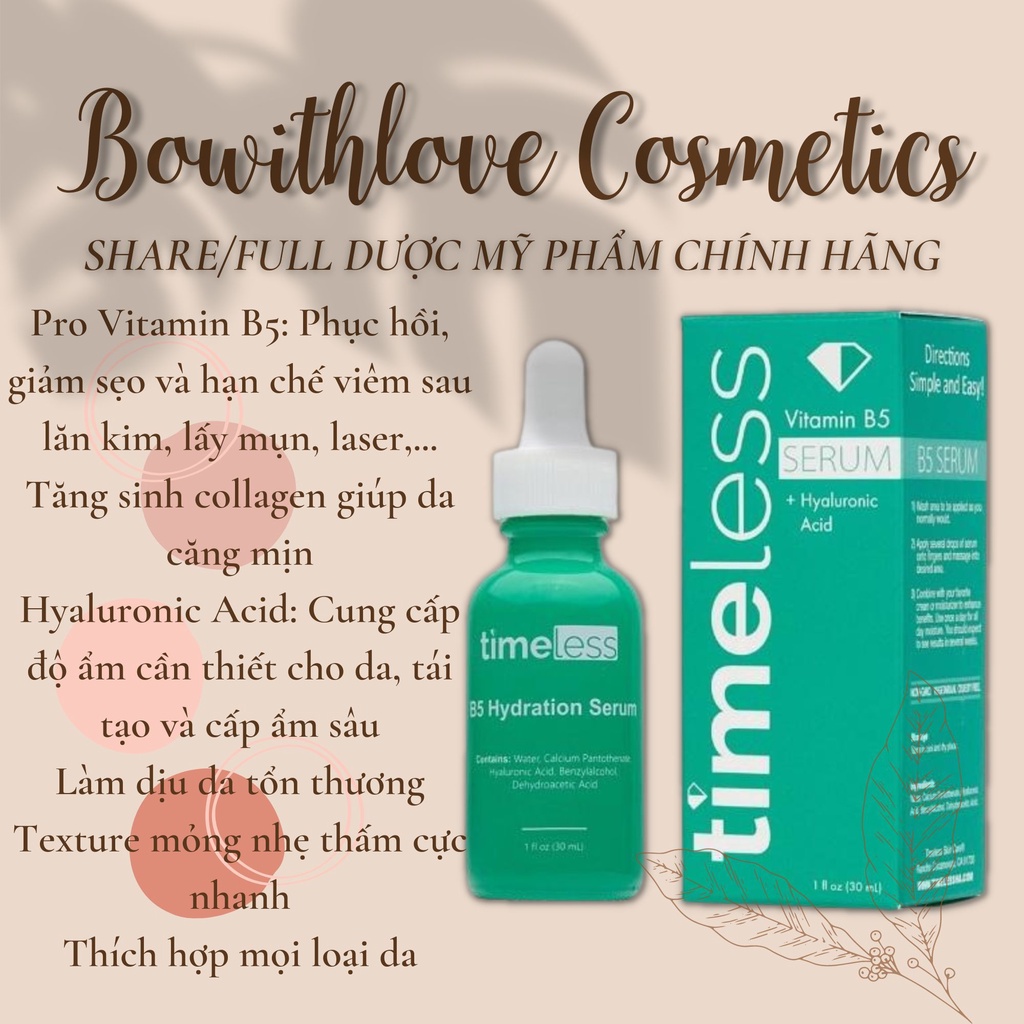 Tinh Chất B5 Timeless Cấp Ẩm Phục Hồi Làm Dịu Da Vitamin B5 + Hyaluronic Acid Serum B5 Timeless 30ML